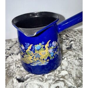 Vtg Blue Enamel Sauce Warmer Ladle Turkish Coffee W/ Peacocks Romania